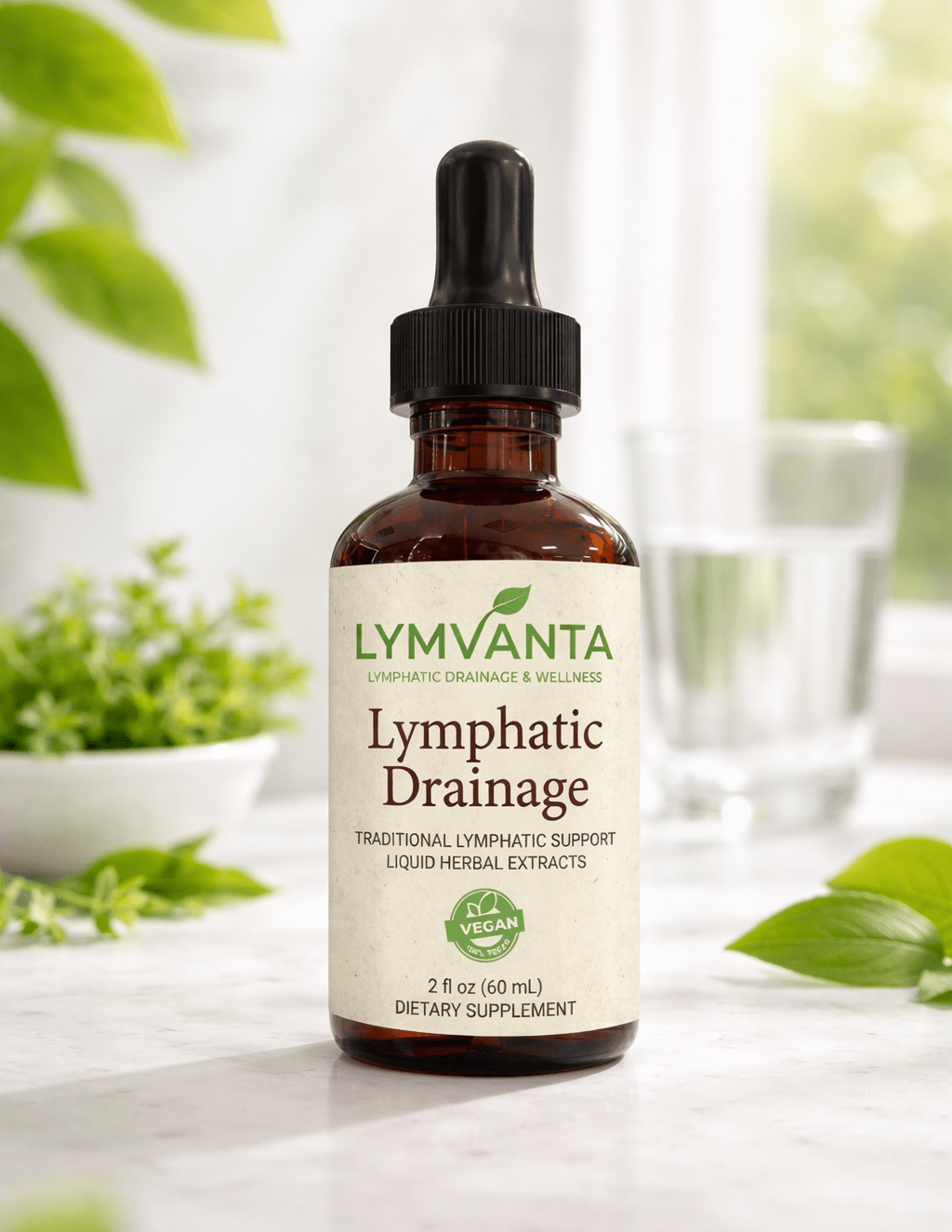Lymvanta Lymph Drops 60ml amber glass tincture bottle on a bright kitchen counter with green leaves