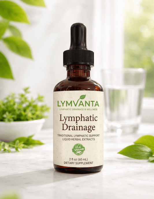 Lymvanta Lymph Drops 60ml amber glass tincture bottle on a bright kitchen counter with green leaves