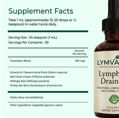 Lymvanta Lymph Drops supplement facts panel: 1ml serving, 300mg herbal blend, about 60 servings per bottle