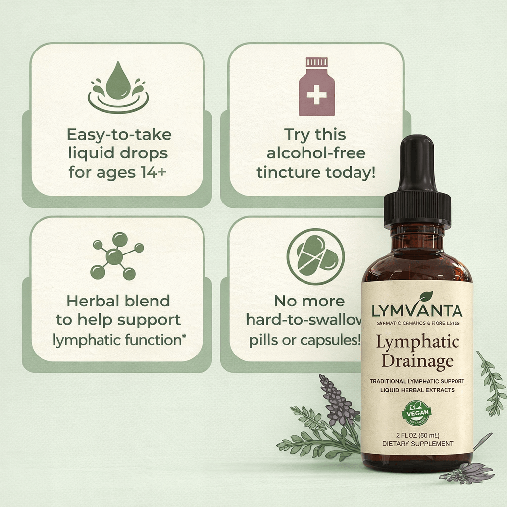 Lymvanta Lymph Drops benefits: easy-to-take liquid drops, alcohol-free, herbal blend for lymphatic support, no pills to swallow